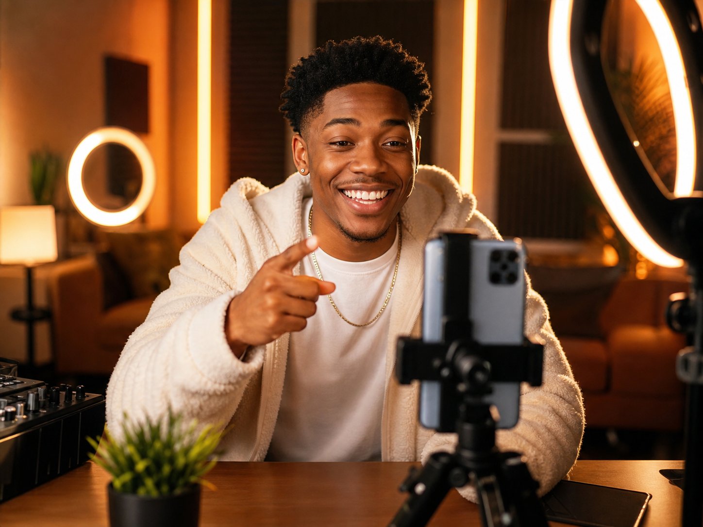 The same creator smiling while multistreaming from a warm ring-lit studio