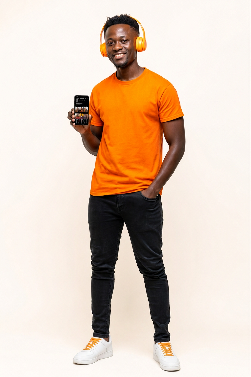 King Push creator in an orange tee and headphones holding a phone